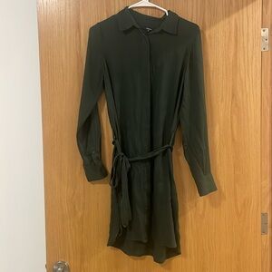 Quince Women's Washable Stretch Silk Shirt Dress Forest Green Size S